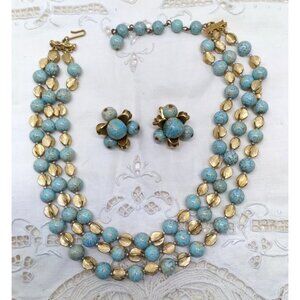 HATTIE CARNEGIE Turquoise Glass Brushed Gold Tone Necklace Earrings Set Vintage